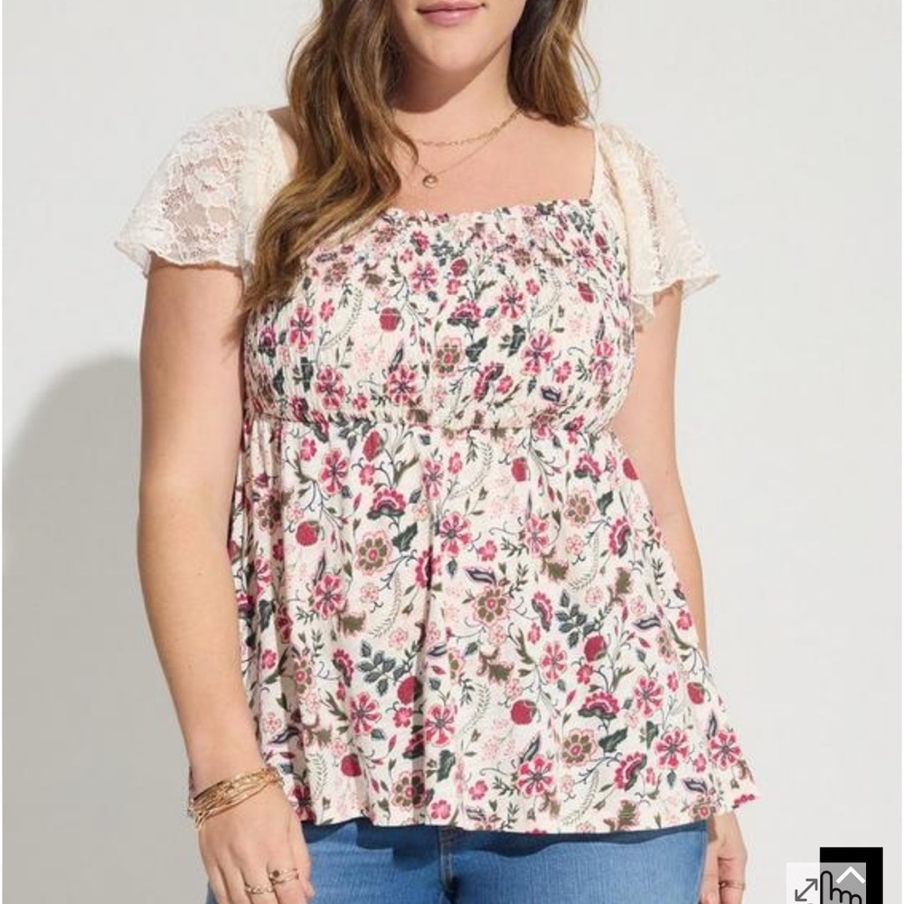 Torrid Cotton Modal Slub Smocked Bodice Lace Flutter Sleeve Babydoll Top